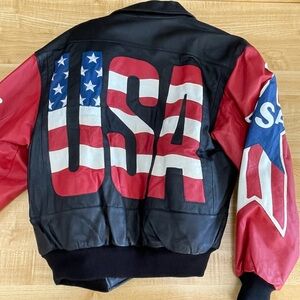 VINTAGE MICHAEL HOBAN USA PATRIOTIC LEATHER JACKET.